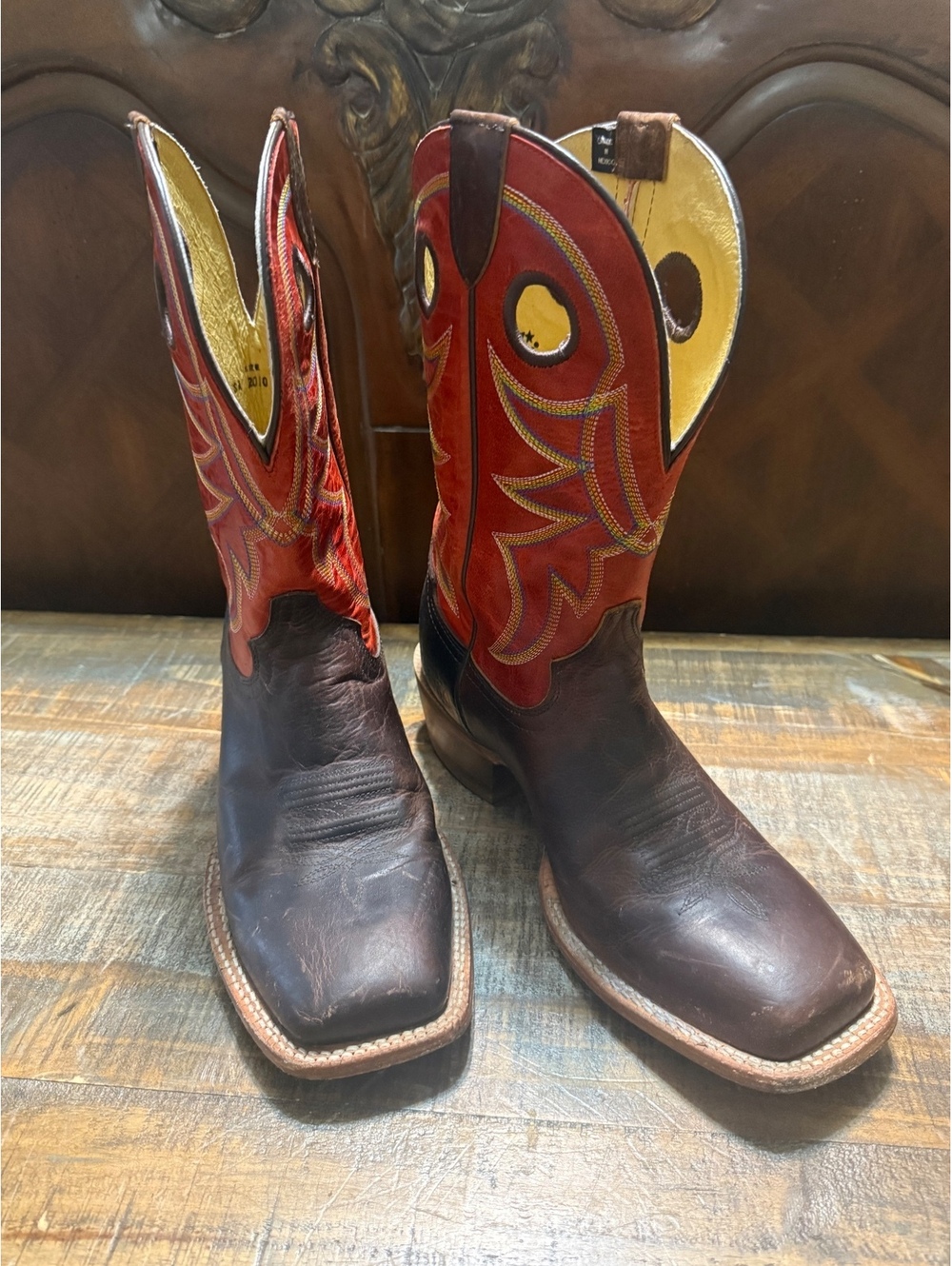 Tony Lama Western Cowboy Boots Size 9.5D Brown and Red Leather with Yellow Accen